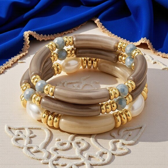 🆕Stacked Acrylic Bracelets w/ Pearls Chunky Retro Y2K Look Boho Luxe Vibe - Picture 10 of 10